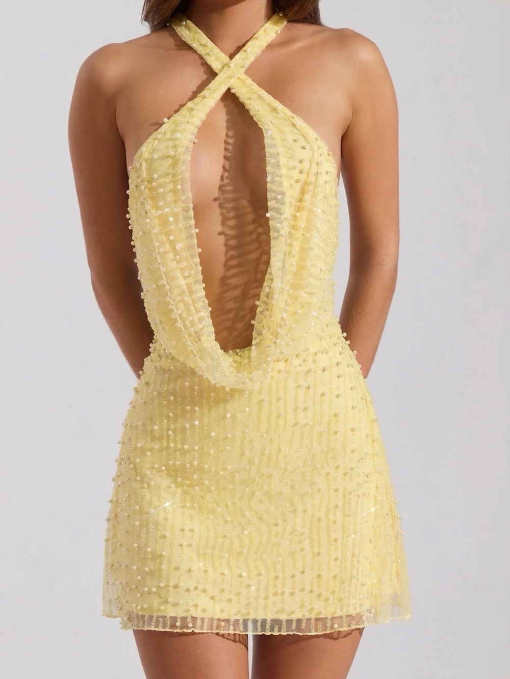 Oh Polly Yellow Beaded Cross Halter Mini Dress